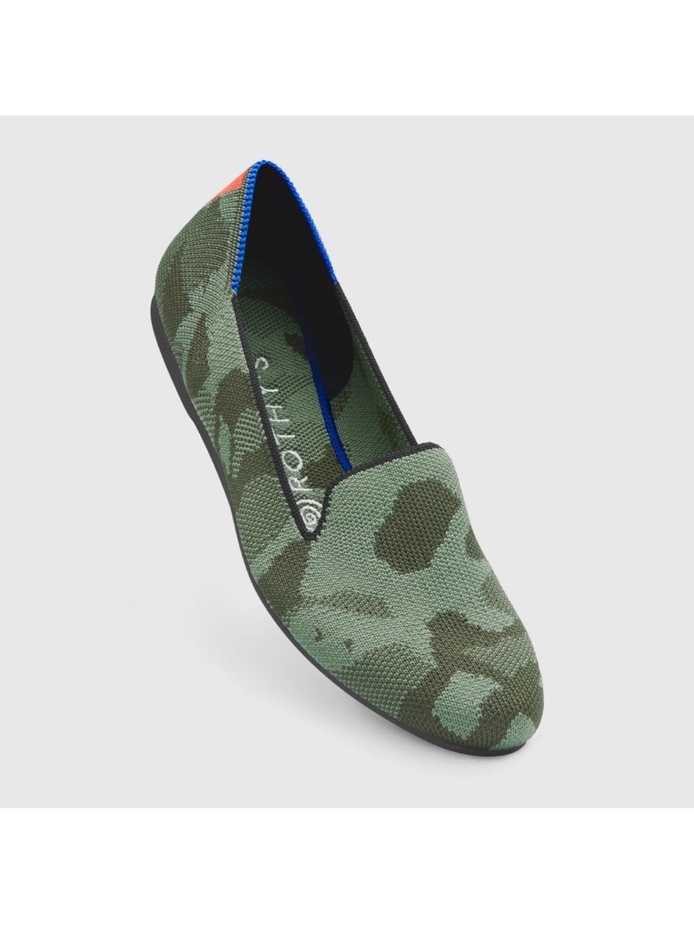Rothy's Green Camo Knit Slip-On Flat with Blue Trim